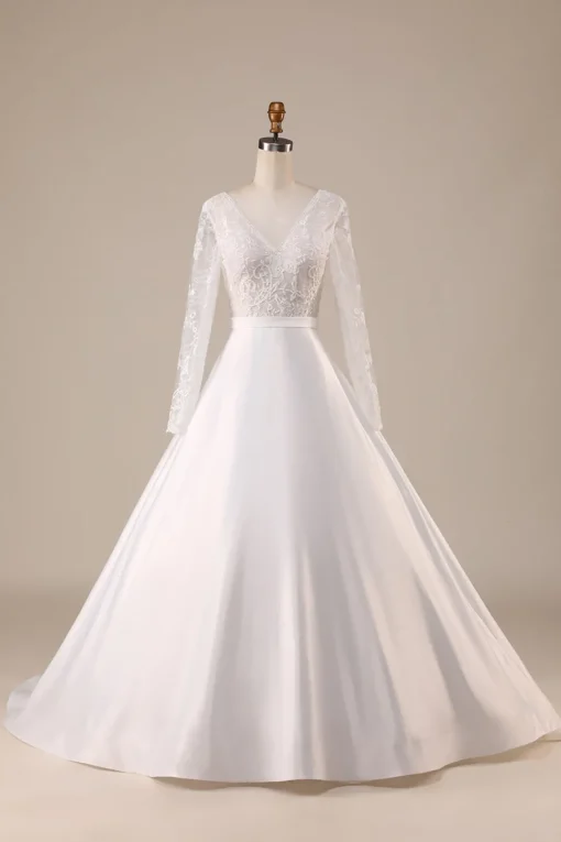 Ivory Satin Sweep Train Long Sleeves Wedding Dress