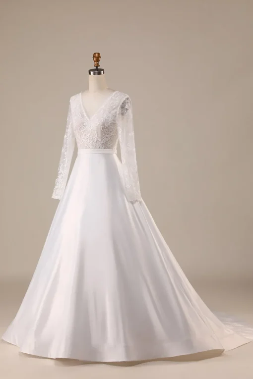 Ivory Satin Sweep Train Long Sleeves Wedding Dress