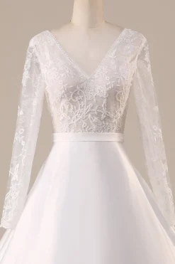 Ivory Satin Sweep Train Long Sleeves Wedding Dress