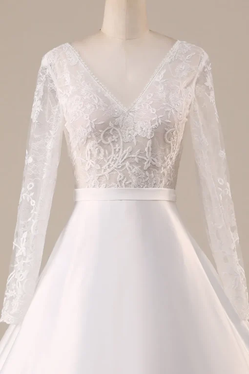 Ivory Satin Sweep Train Long Sleeves Wedding Dress