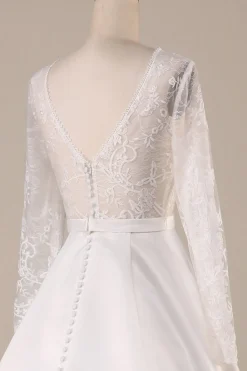 Ivory Satin Sweep Train Long Sleeves Wedding Dress