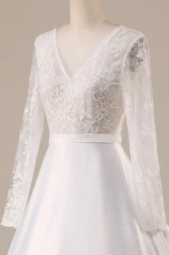 Ivory Satin Sweep Train Long Sleeves Wedding Dress