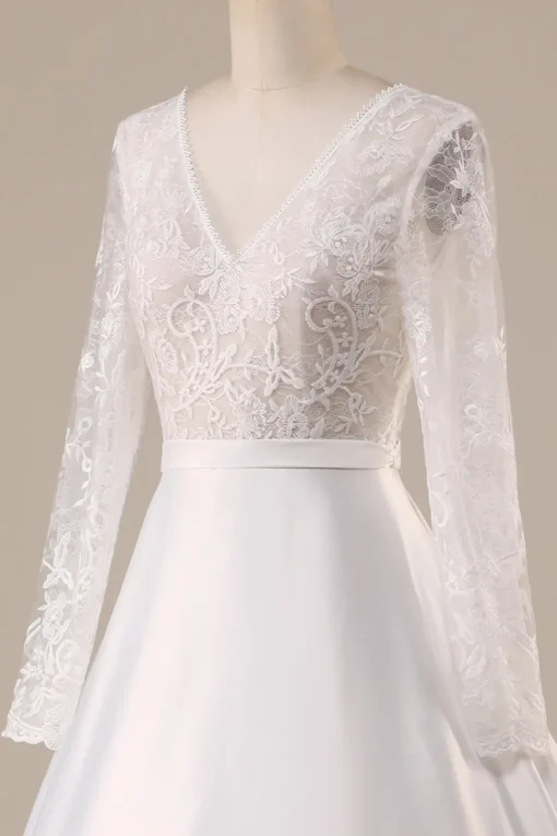 Ivory Satin Sweep Train Long Sleeves Wedding Dress