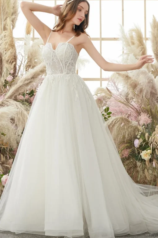 Ivory Spaghetti Straps A line Tulle Wedding Dress