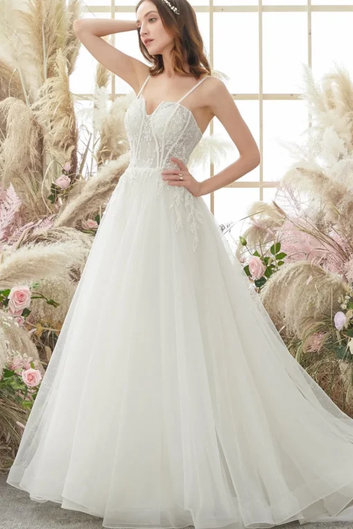 Ivory Spaghetti Straps A line Tulle Wedding Dress