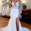 Ivory Spaghetti Straps High Slit Mermaid Wedding Dress with Appliques