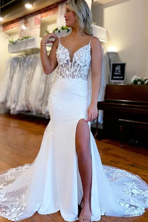 Ivory Spaghetti Straps High Slit Mermaid Wedding Dress with Appliques