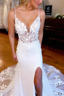 Ivory Spaghetti Straps High Slit Mermaid Wedding Dress with Appliques