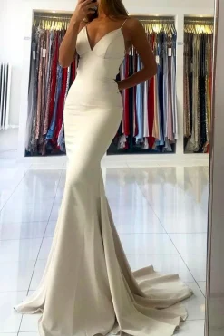 Ivory Spaghetti Straps Simple Mermaid Prom Dress