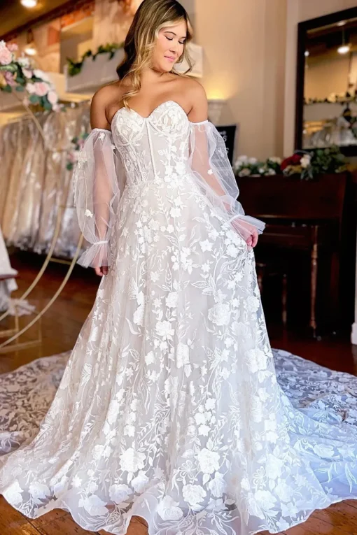 Ivory Sweetheart Corset Detachale Long Sleeves Long Lace Wedding Dress