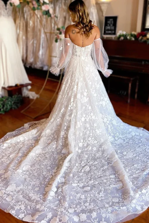 Ivory Sweetheart Corset Detachale Long Sleeves Long Lace Wedding Dress