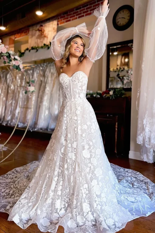 Ivory Sweetheart Corset Detachale Long Sleeves Long Lace Wedding Dress