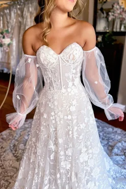 Ivory Sweetheart Corset Detachale Long Sleeves Long Lace Wedding Dress