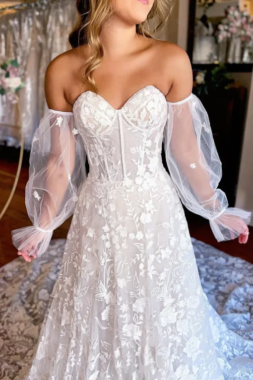 Ivory Sweetheart Corset Detachale Long Sleeves Long Lace Wedding Dress