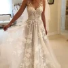 Ivory Tulle A-Line V-Neck Wedding Dress with Appliques