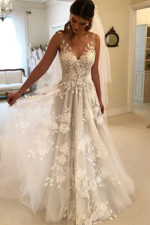 Ivory Tulle A-Line V-Neck Wedding Dress with Appliques