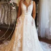 Ivory V-Neck A-Line Tulle Wedding Dress with Pockets