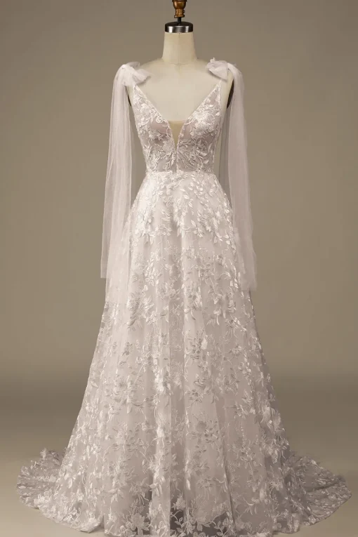 Ivory V-Neck Lace A-Line Wedding Dress with Bowknot