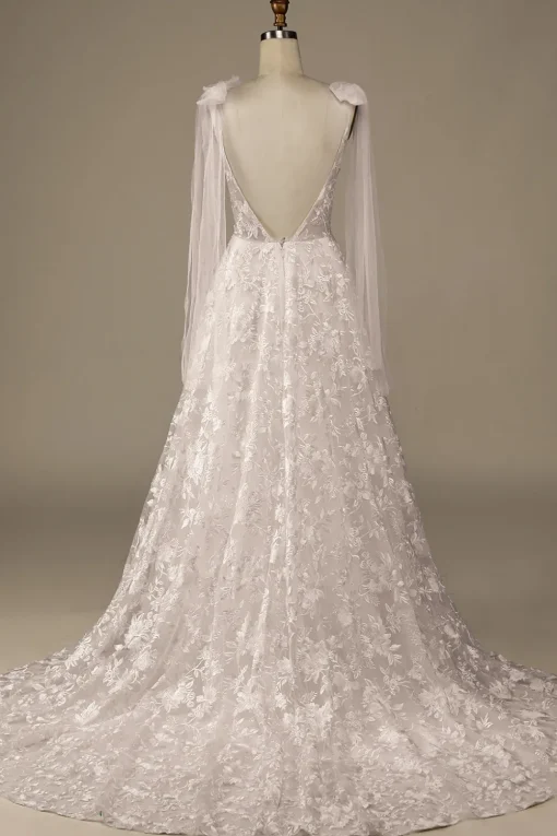 Ivory V-Neck Lace A-Line Wedding Dress with Bowknot