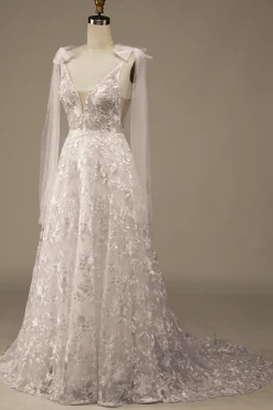 Ivory V-Neck Lace A-Line Wedding Dress with Bowknot