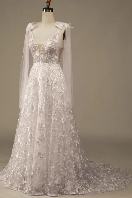 Ivory V-Neck Lace A-Line Wedding Dress with Bowknot