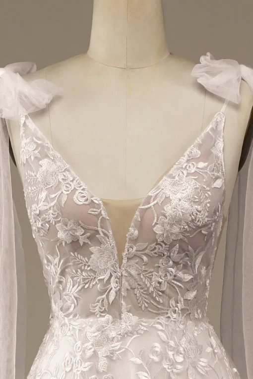 Ivory V-Neck Lace A-Line Wedding Dress with Bowknot