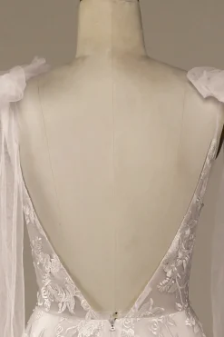 Ivory V-Neck Lace A-Line Wedding Dress with Bowknot