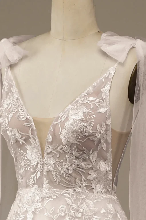 Ivory V-Neck Lace A-Line Wedding Dress with Bowknot