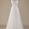 Ivory V-Neck Tulle Sweep Train Wedding Dress with Lace