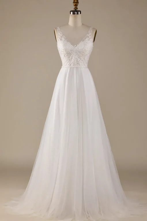 Ivory V-Neck Tulle Sweep Train Wedding Dress with Lace