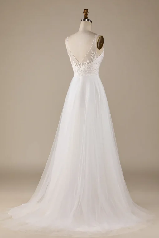 Ivory V-Neck Tulle Sweep Train Wedding Dress with Lace