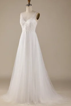 Ivory V-Neck Tulle Sweep Train Wedding Dress with Lace