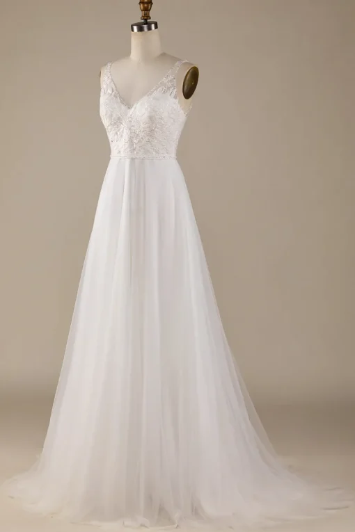 Ivory V-Neck Tulle Sweep Train Wedding Dress with Lace