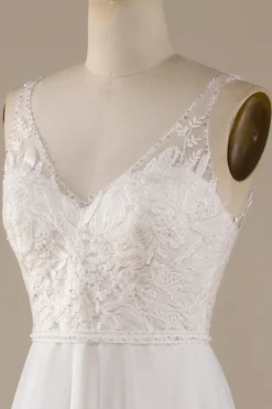 Ivory V-Neck Tulle Sweep Train Wedding Dress with Lace