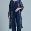 Jumpsuit Navy Appliques Chiffon Long Sleeves Square Neck Mother of the Bride Sets
