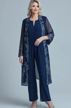 Jumpsuit Navy Appliques Chiffon Long Sleeves Square Neck Mother of the Bride Sets