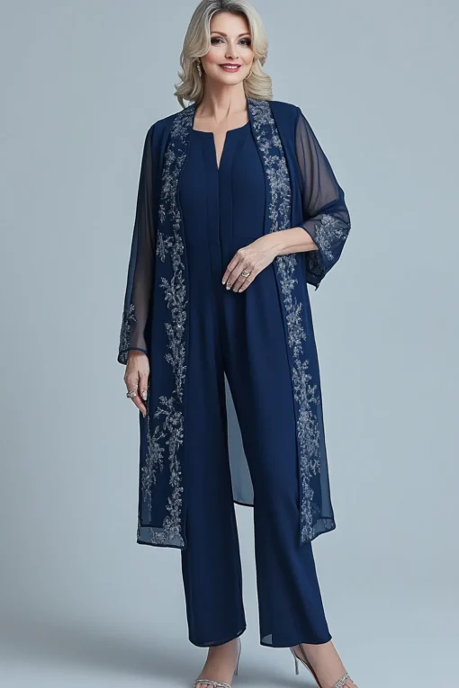 Jumpsuit Navy Appliques Chiffon Long Sleeves Square Neck Mother of the Bride Sets