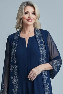 Jumpsuit Navy Appliques Chiffon Long Sleeves Square Neck Mother of the Bride Sets