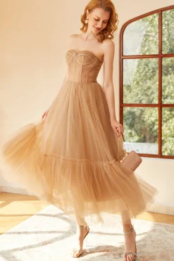 Khaki Polka Dots A Line Tulle Corset Prom Dress