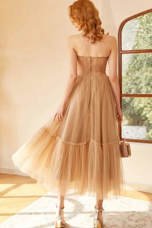 Khaki Polka Dots A Line Tulle Corset Prom Dress