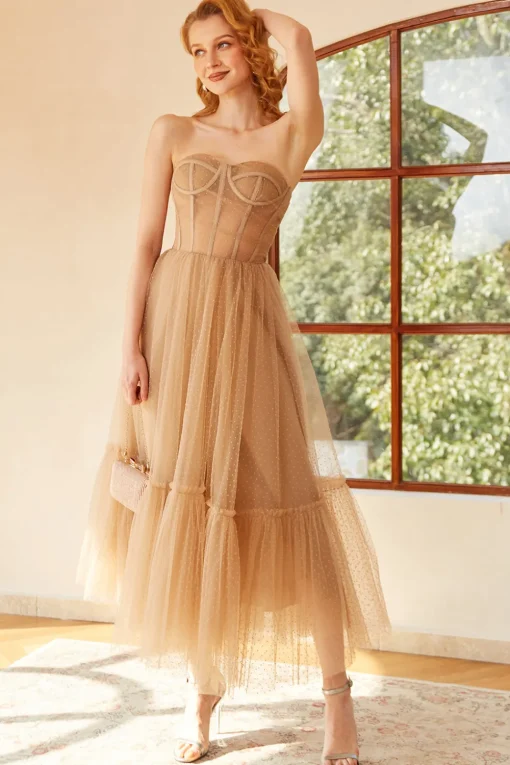 Khaki Polka Dots A Line Tulle Corset Prom Dress