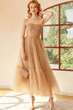 Khaki Polka Dots A Line Tulle Corset Prom Dress