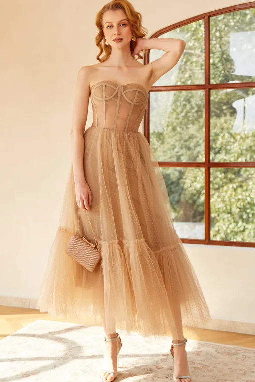 Khaki Polka Dots A Line Tulle Corset Prom Dress