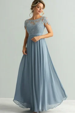 Lace A Line Dusty Blue Chiffon Round Neck Short Sleeves Mother of The Bride Dress