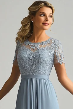 Lace A Line Dusty Blue Chiffon Round Neck Short Sleeves Mother of The Bride Dress