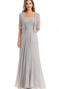 Lace Appliques Silver Square Neck 2-piece Half Sleeves Mother of the Bride Dress