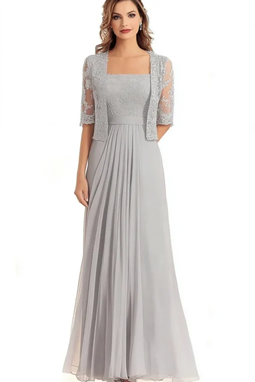 Lace Appliques Silver Square Neck 2-piece Half Sleeves Mother of the Bride Dress