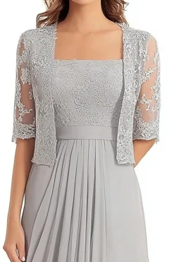 Lace Appliques Silver Square Neck 2-piece Half Sleeves Mother of the Bride Dress