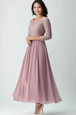 Lace Blush Chiffon Scoop Neck A Line Mother of The Bride Dress
