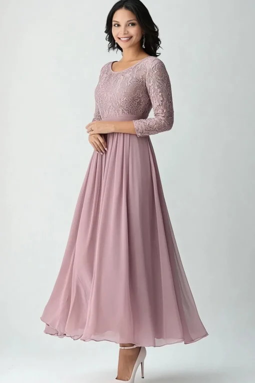 Lace Blush Chiffon Scoop Neck A Line Mother of The Bride Dress